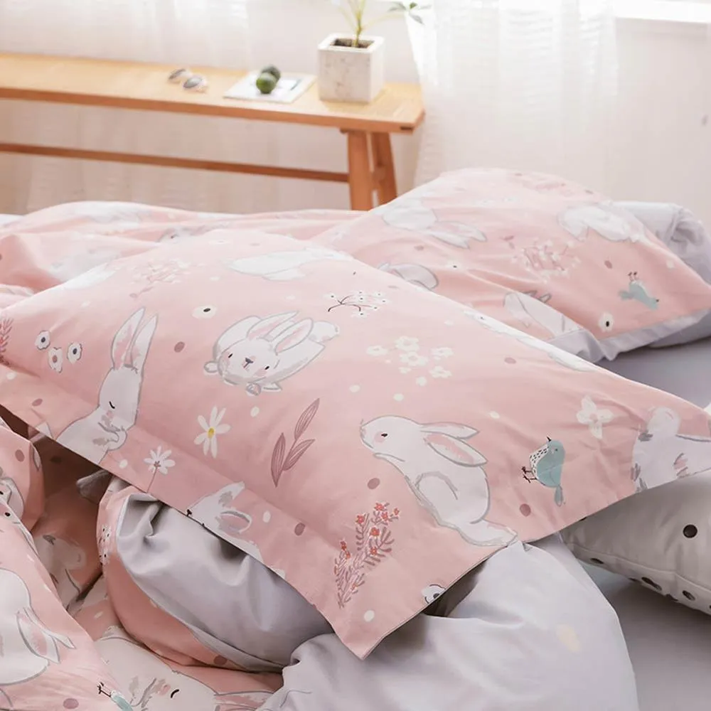 Lapin blanc lapin rose housse de couette ensemble linge de lit en coton double reine roi drap plat drap housse literie T200706209E