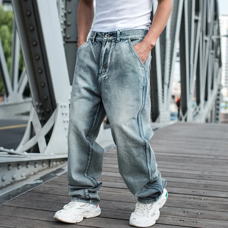Хип-хоп Негабаритные Широкие джинсы Мужчины Свободные джинсовые штаны Джинсовые брюки Beaggy Камуфляж Пакеты Брюки плюс Размер 46 Мужчин Дниз