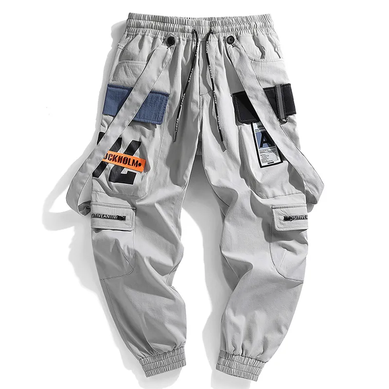 Ribbons Multi Pockets Cargo Harajuku Casual Joggers Track Streetwear Trouser Hip Hop Harem Pants Techwear Men LJ201221