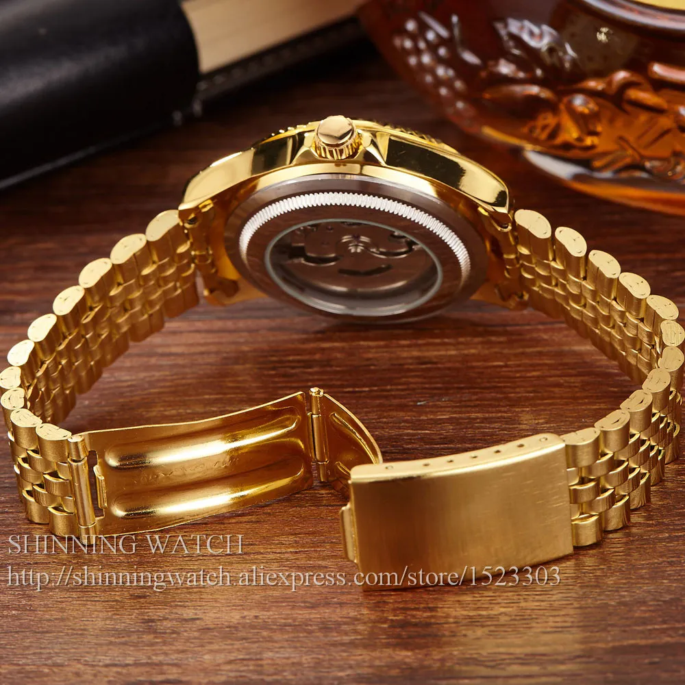 럭셔리 골드 패션 남성 시계 시계 캐주얼 크리스탈 다이얼 날짜 자동 기계적 스테인리스 스틸 스포츠 손목 시계 선물 선물 23022