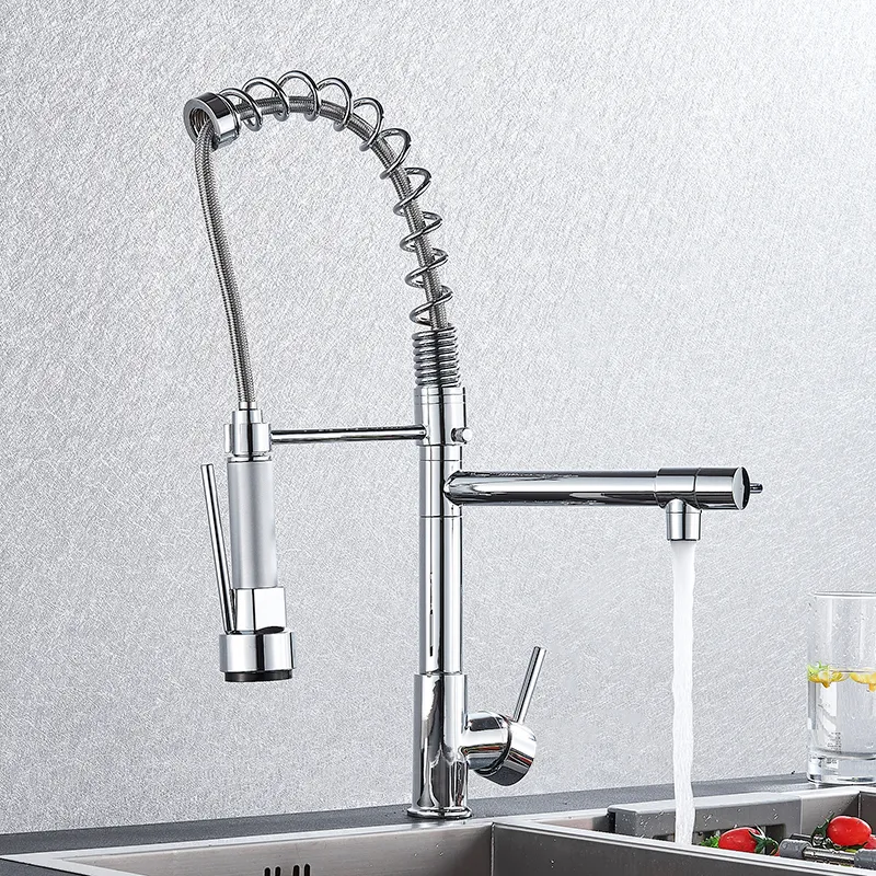 Chrom-Feder-Küchenarmatur, herausziehbare Seitenbrause, Doppelauslauf, Einhand-Mischbatterie, Waschbecken-Wasserhahn, 360-Grad-Drehung, Küchenarmaturen T200710