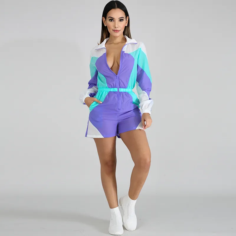 Kurzer Jumpsuit Frauen Baggy Playsuit Langarm-Trainingsanzug Patchwork Shorts Strampler Windjacke Outfit Sommerkleidung Sonnencreme T200704