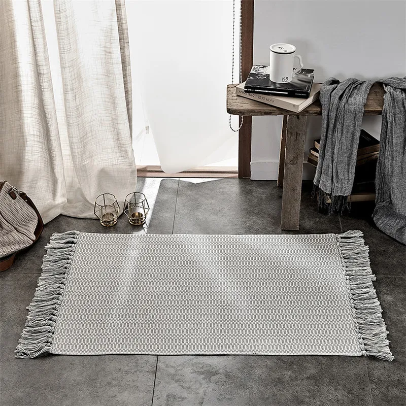 Nordic Rug Grijs Katoen Kwastje Geweven Tapijt Slaapkamer Bed Mat Hand Geknoopte Woonkamer Scandinavië 220301