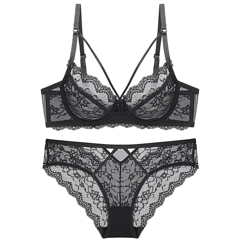 Varsbaby Sexy Plus Size Lace Floral Underwear Underwear Deep V Hollow 3/4 Cup Underwire Abcde Cup Bra Set Y200708