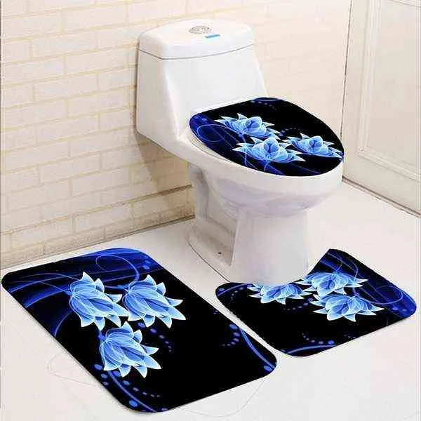 Blomma tryckt badrum duschgardin set toalett täcke nonslip badmatta matta vattentäta badgardiner toalettstol baddekor AA221637768