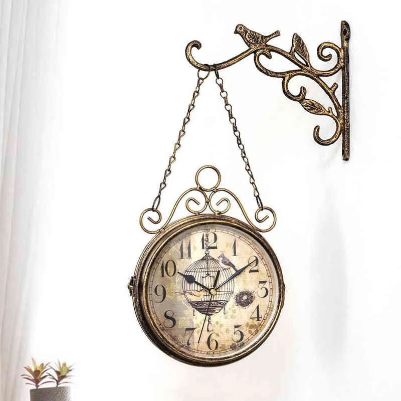 Двухсторонние настенные часы, аккумулятор металлический винтажный стиль часы античный круг стены стены 2- боковая висит часы стены дома H1230