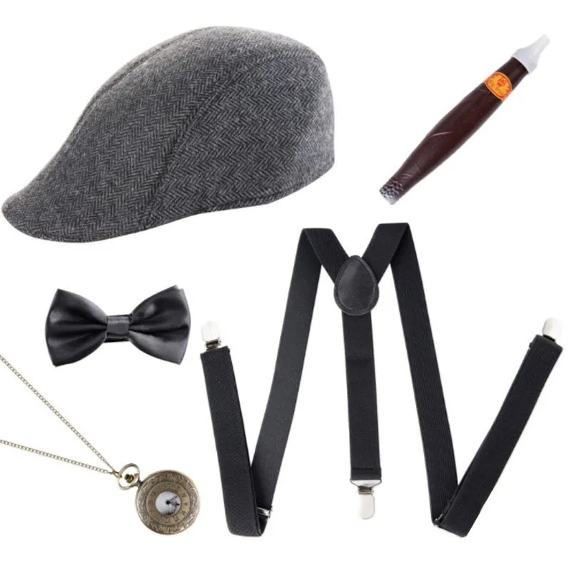 1920er-Jahre-Herren-Cosplay-Gangster-Kostüm-Zubehör-Set, Manhattan-Hut, Hosenträger, vorgebundene Fliege, gefälschte Plastikzigarre, Taschenuhr 201027