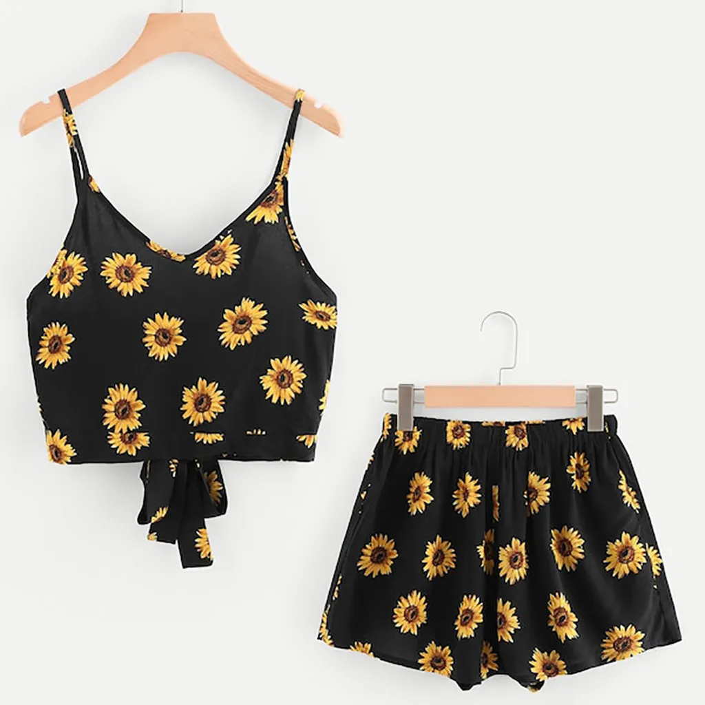 Womail Set Dames V-hals Sling Sleeveless Print Zonnebloem Boog Crop Tops Cord Shorts Outfit Set Vrouwen Twee Stuk Set Zomer 27 mei T200702