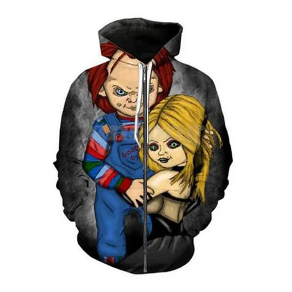 2021 Nuova moda Uomo Donna Film horror Chucky cerniera felpa con cappuccio e pantaloni in due pezzi divertente 3D tute stampate complessive PJ05246B