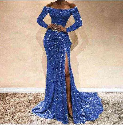 2022 Girls Sexy Boat Neck Off Shoulder Sequined Evening Gowns Side Split Mermaid Dress Long Y220222