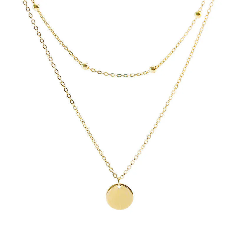 S925 Stamp Silver Color Double Layer Round Disc Pendant Necklace Gold Color Bead Chain Charm Halsband för kvinnor smycken SN5746280092