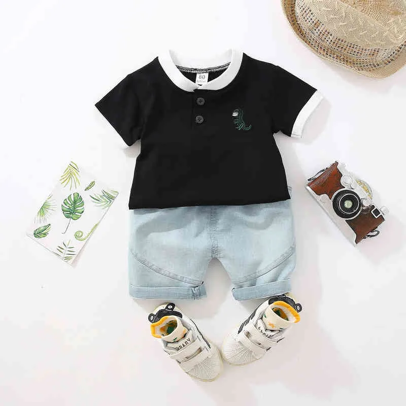 Sommer Junge Baby Kleidung Anzug Cartoon Dinosaurier Hemd Feste Denim Shorts 2 Stück Set kinder Kleidung Set Kostüme für kinder G220310