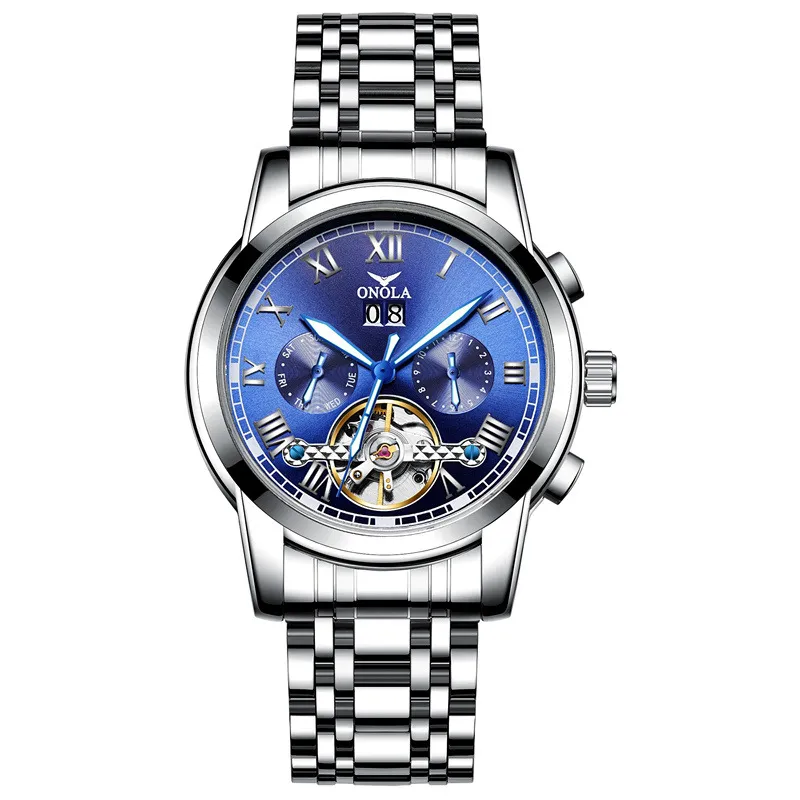 Solide Stahlgürtel Business Tourbillon Hohl automatische mechanische Uhr Herren wasserdichte Uhr Herren beliebte Armbanduhren