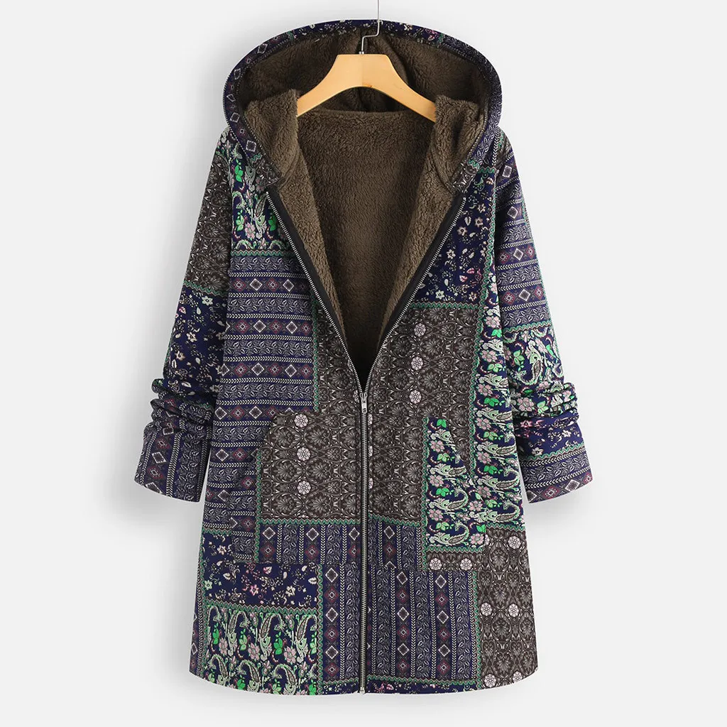 L-5XL большой размер зимней куртки женщины густые теплые с капюшоном Parka хлопковое мягкое пальто с капюшоном пальто с капюшоном этнической печати женщин-вал # J30 T200114