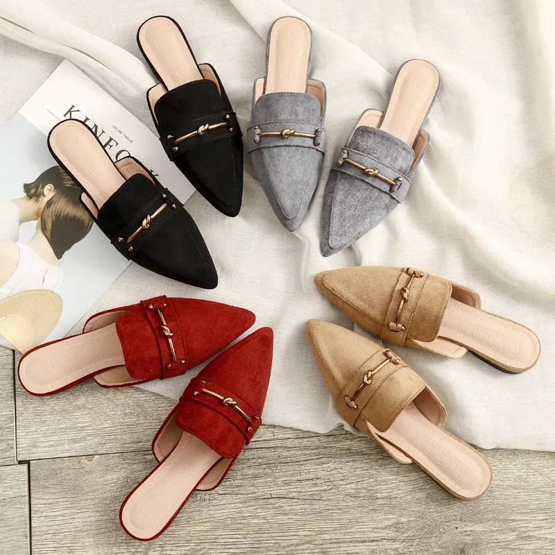 Woman Pointed toe Shoes Fashion Low Heels Slides Suede Toe-covered Lazy Slippers Women's Mules Shoes Ladies Platform Flip Flops X1020