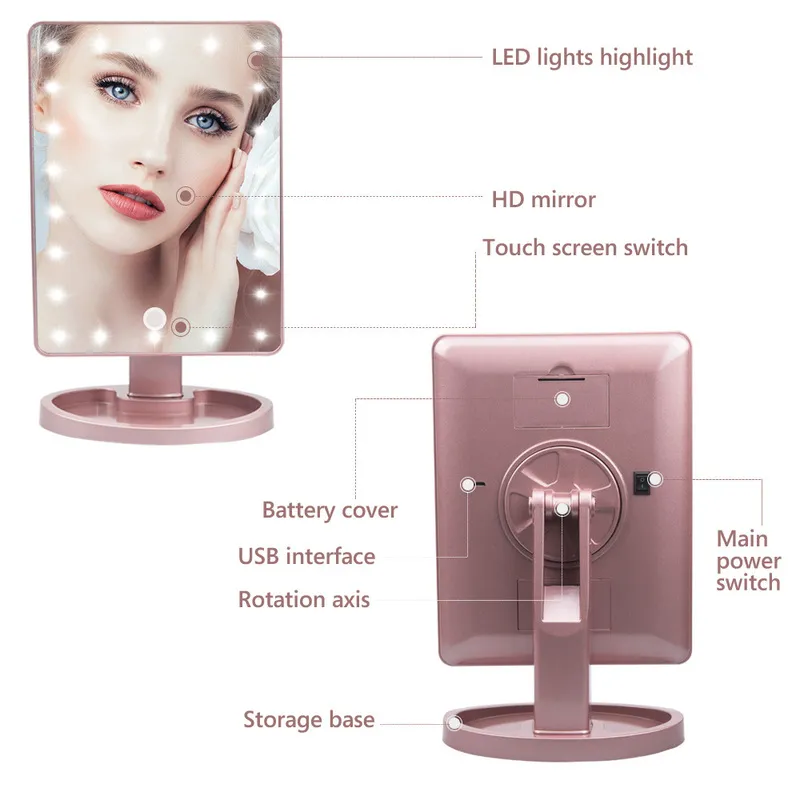 2216 LED Vanity Mirrity Light Tabletop Makeup Touch Switch 10X MAGNIFYING S 180 ROTATION TROVER TRAVEL ESPEJOS 220218356720