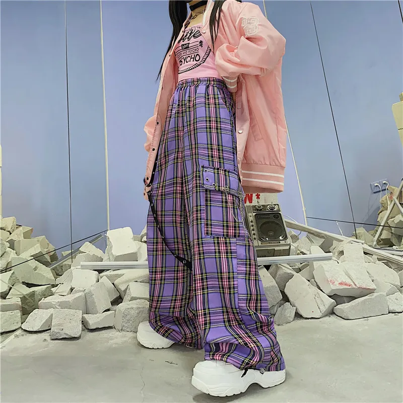 QWEEK Mall Goth Y2K Cargo Pant Hippie Purple Plaid Harajuku Streetwear Chain Checked Trousers Famale High Waist Aesthetic 220226