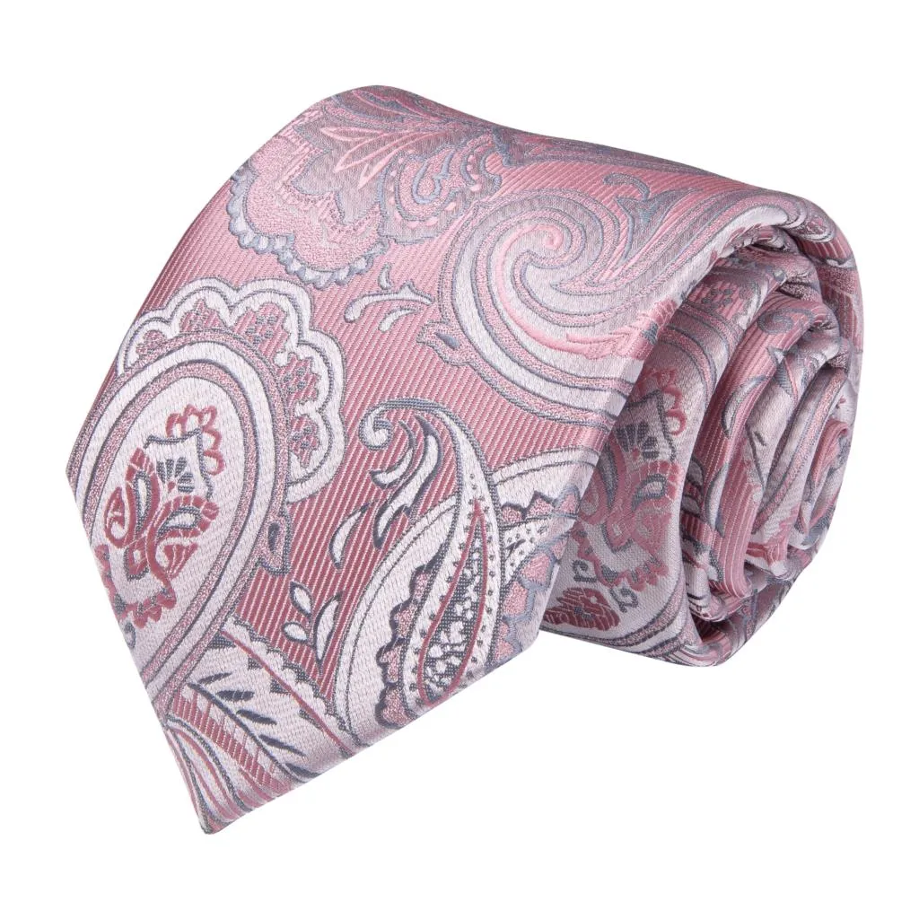 Mentide Coltie Pink Silver Paisley Design Tiah pour hommes pour hommes Colure Ring Tie en soie ensemble Hanky Cuffe Links Dibangu Business JZ0371873263943