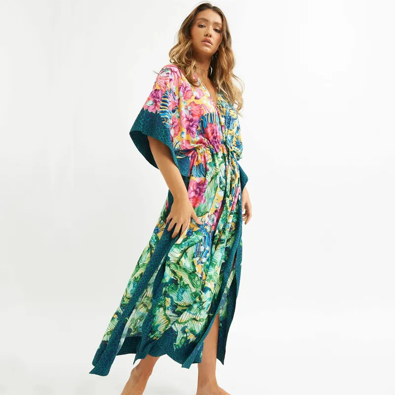2021 Green Bohemian Printed fladdermöss ärm med hög midja Summer Beach Dress Cotton Tunic Women Beachwear Kaftan Maxi Dresses Q1087 F0122243V