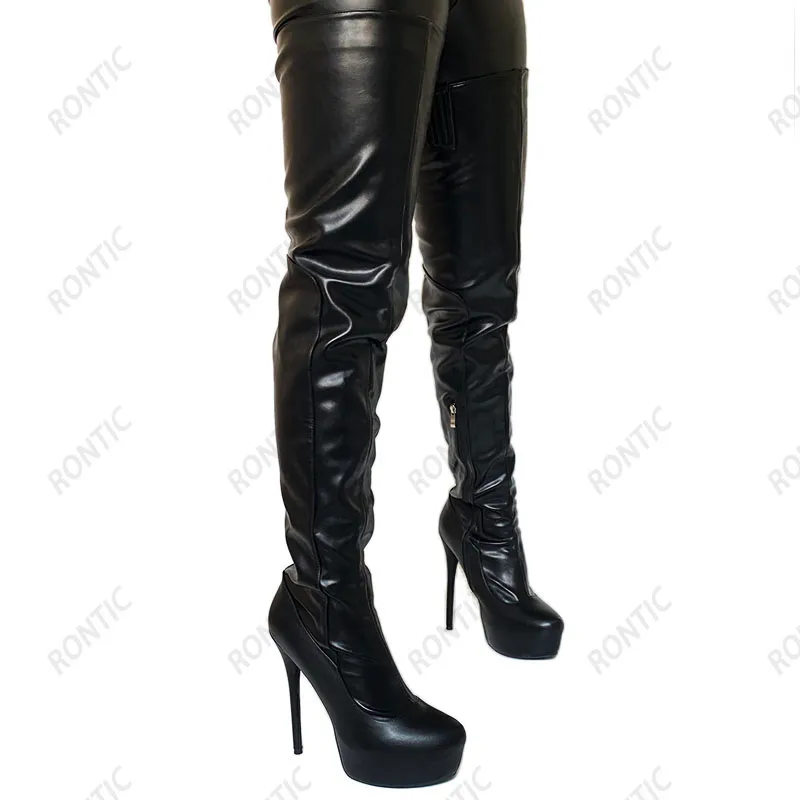 Rontic 2022 Mulheres Inverno Botas Botas Plataforma Faux Leather Lateral Zipper Stiletto Saltos Redondos Dedo Do pé Preto Sapatas Tamanho 5-20