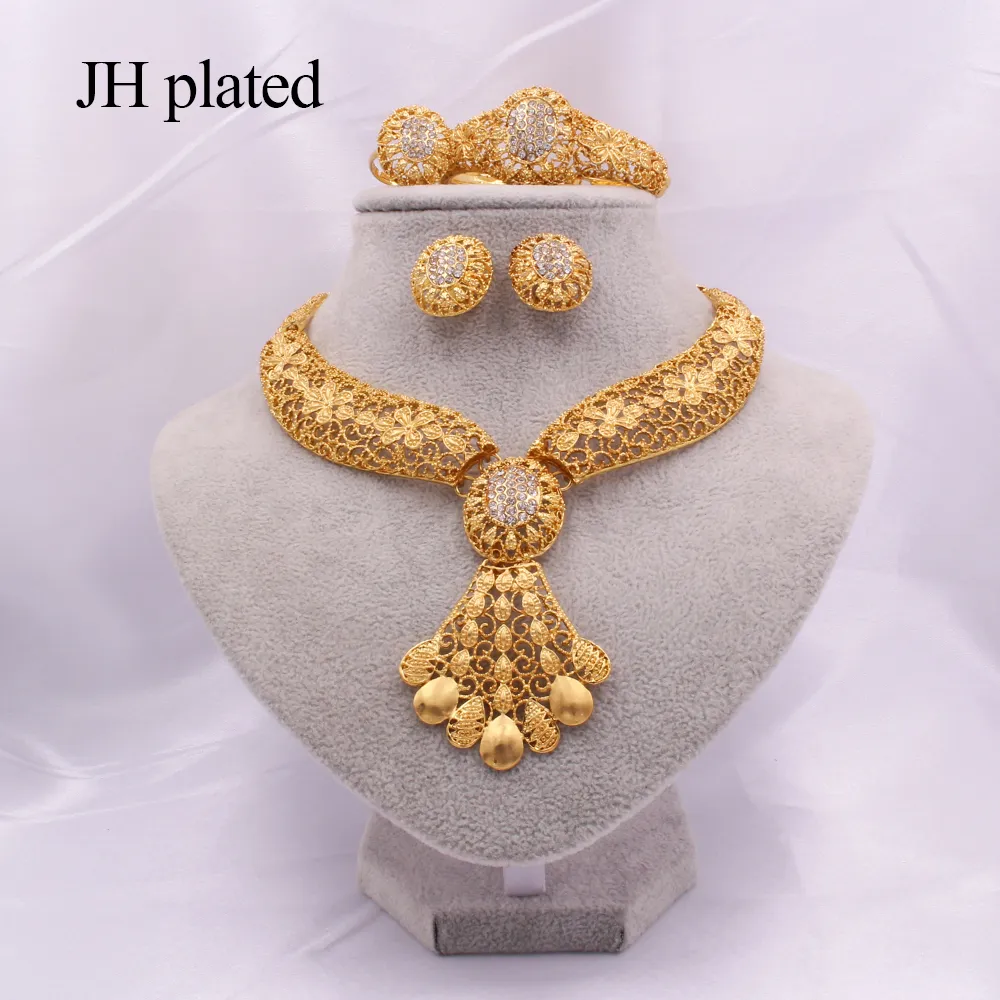 Schmuck afrikanischen Luxus Goldschmuck Äthiopien Dubai Hochzeit Party Geschenk für Frauen Braut Halskette Armband Ohrringe Ring Set 201222