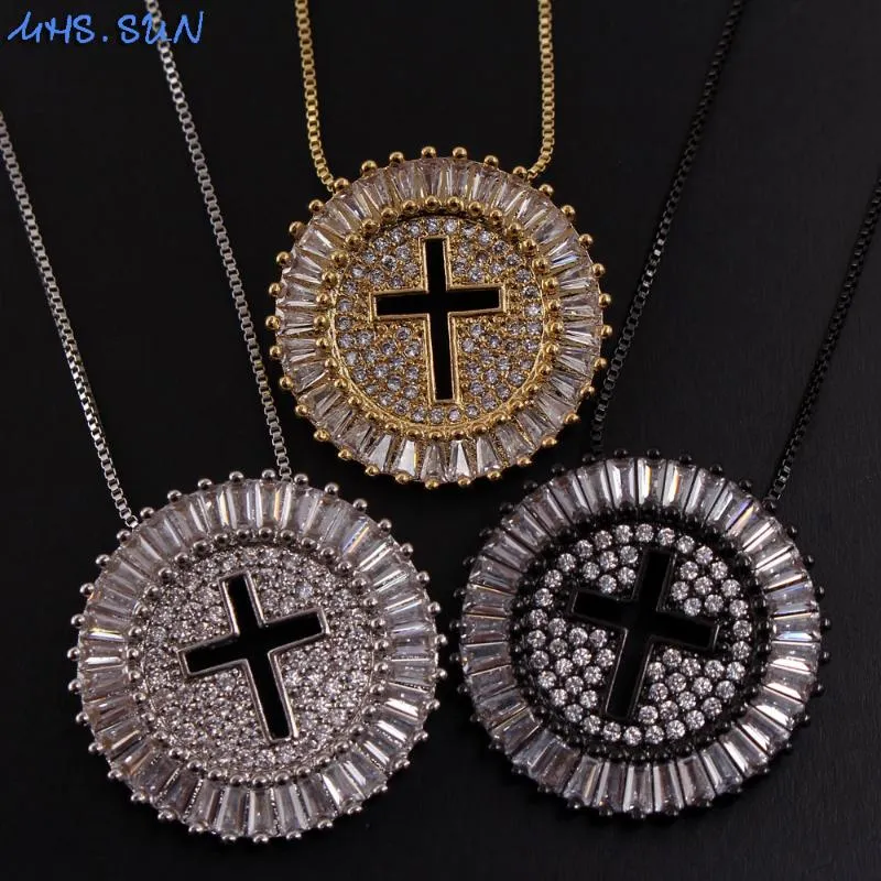 MHS SUN Luxury Round CZ Zircon Necklace Catholic Cross Pendant Chain Necklace Collier Femme Gold Color Jewelry Christmas Gift235g