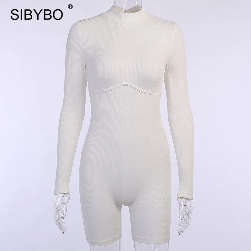 Sibybo Siyah Kaburga Örme Bodycon Playsuit Kadınlar Uzun Kollu İnce Biker Şort Tulumları Kadın Gündelik Rompers Kadın Tulumları Y200296E