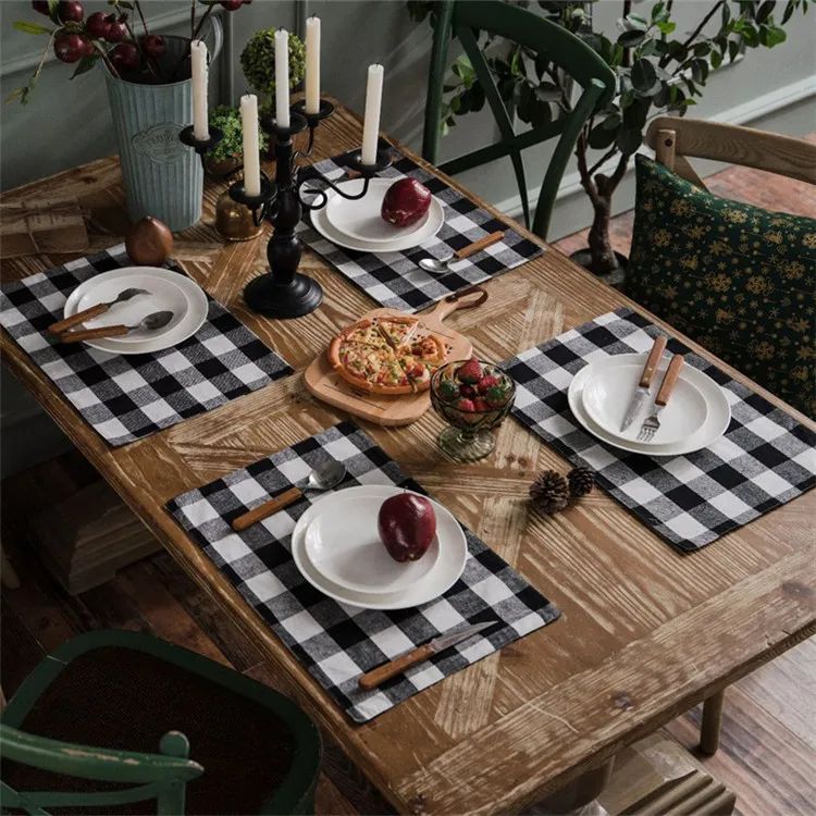 Noir Blanc Big Plaid Set de table Accessoires de cuisine Coton Tissu de lin Tapis Tapis de salle à manger Napperons Mantel individuel 201123