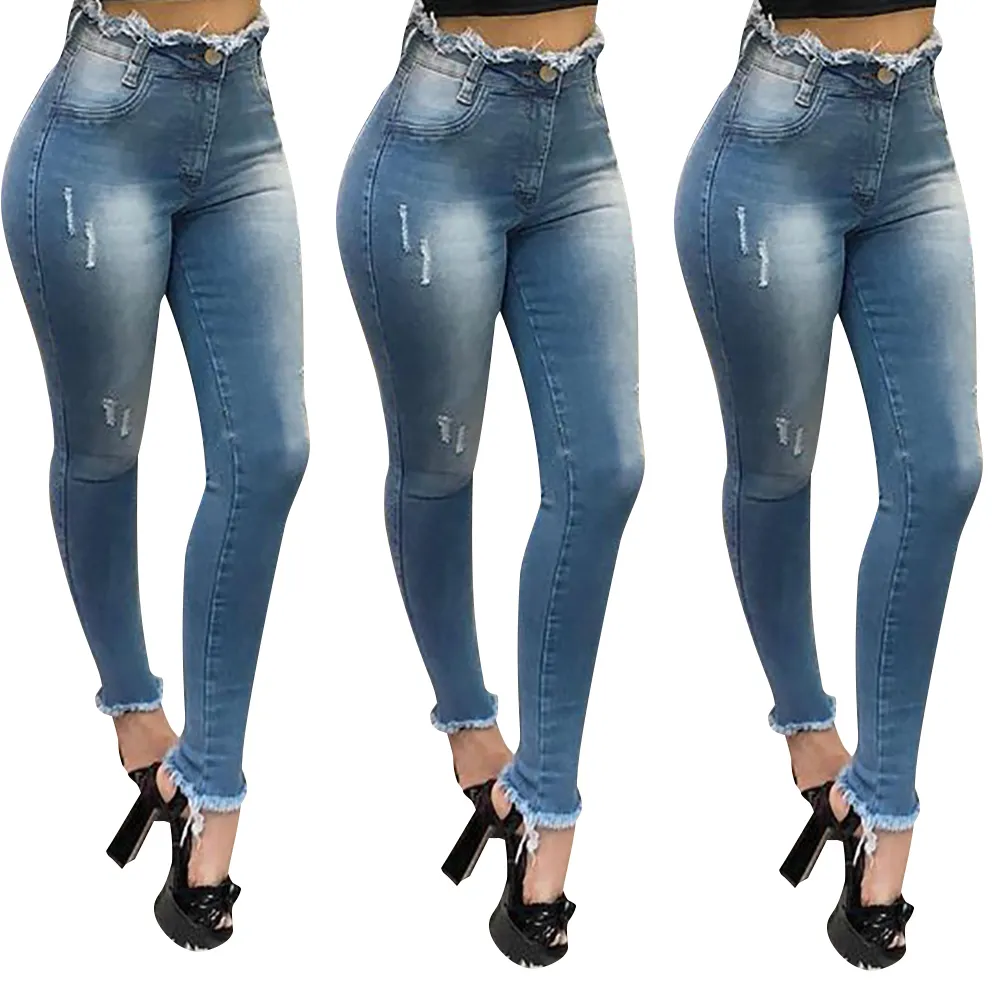 Kvinnor vår sommar sexig hög midja skinny jeans damer casual denim blå byxor kvinnlig rippad denim penna pants lj201130