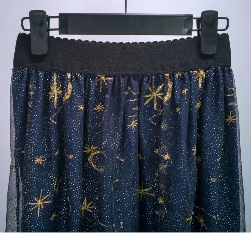 Flectit Gold Moon Star bestickter Tüllrock Vintage Semi Sheer Stoff Hohe Taille Plissee Midirock für Frauen Damen T200712