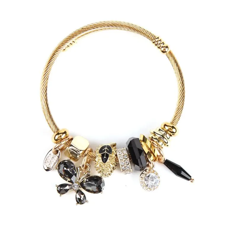 Cute Butterfly Rhinestone Pendant Bracelets Bangles Stainless Steel Geometry Crystal Beads Children Women Charm Bangle Jewelry235S