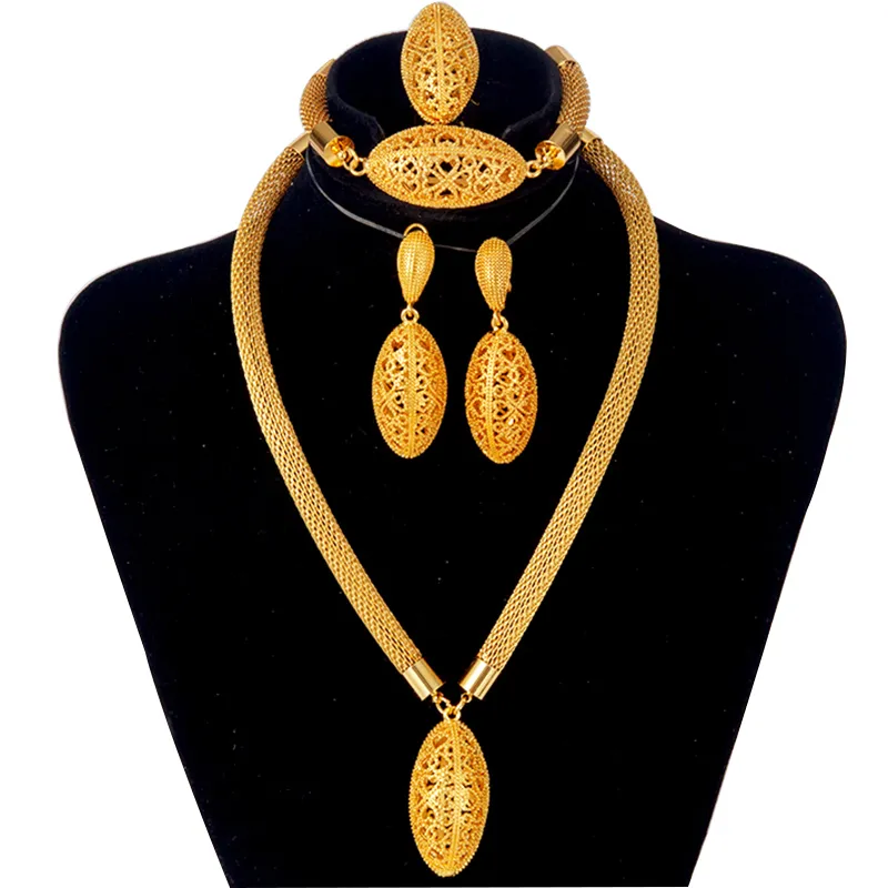 Африканское 24-каратное золото для женщин, свадебные подарки, Эфиопские ювелирные комплекты, серьги для свадебной вечеринки в Дубае, комплект колец, арабские украшения с воротниками 201208h