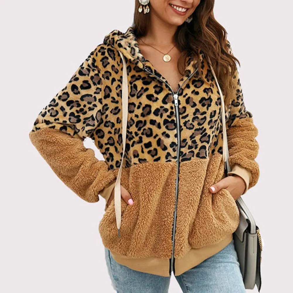 Block Patchwork Jacket Zip Hooded Outwear Coat veste manteau femme Women Autumn Winter Jackets Leopard Print T200111