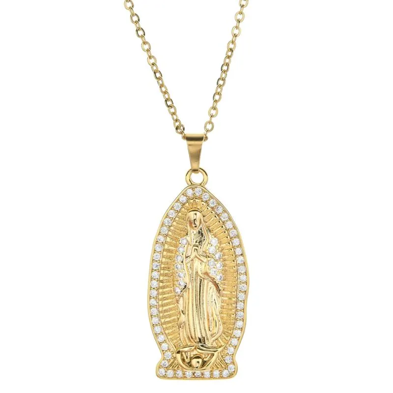 Collana con ciondolo Vergine Maria donna Colore oro CZ Cristallo Gioielli in acciaio inossidabile Catena intera Colar Croce Regalo alla moda254W