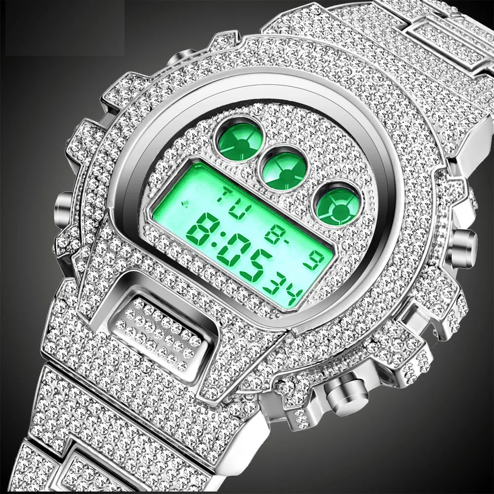 High-End-Herren-Luxus-Smartwatch, leuchtend, voller Strass, 30 m wasserdicht, Edelstahl-Sportuhr, Herren, mehrfarbig, 284 m