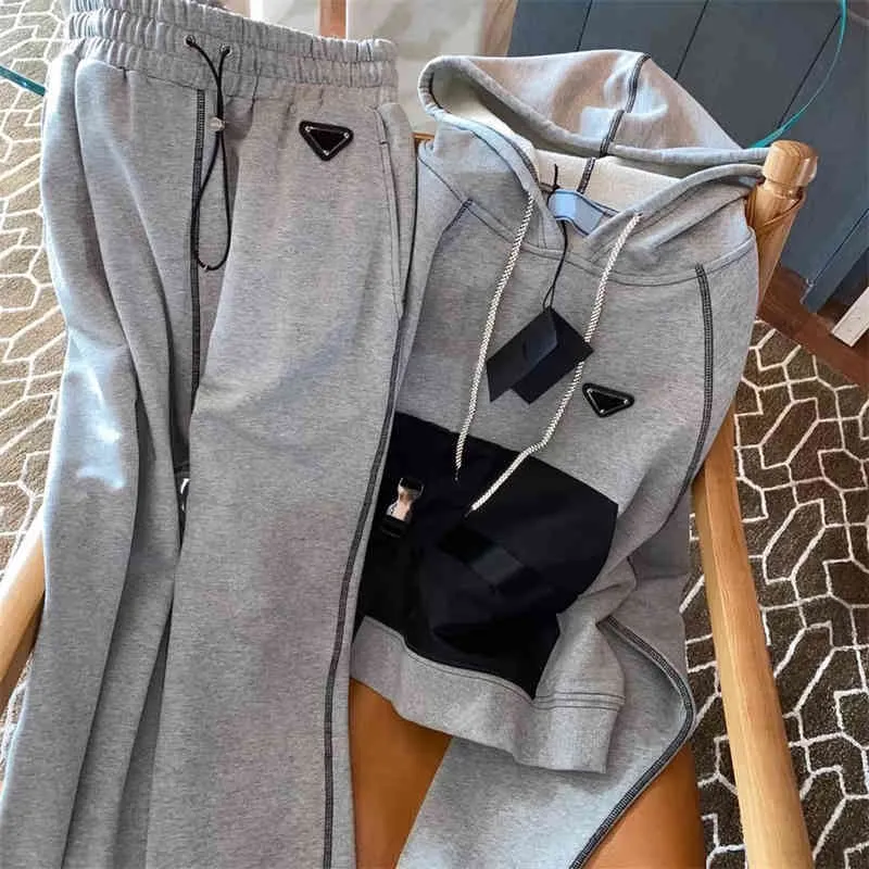 New Two Piece Pants Metal Triangle Standard Hooded Sports Suit Pullover Cotton Jacket Long-sleeved jacket + Elastic Waist Casual Tracksuit