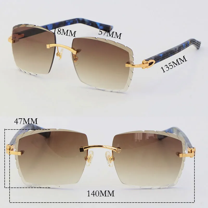 Whole Selling Latest Glasses Marble Blue Plank Rimless Sunglasses 3524012-A Fashion High Quality Male and Female 18K Gold Meta212R