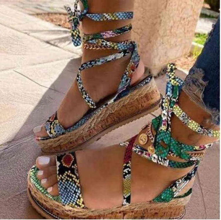 Large summer sandals women's foot ring STRAP ROMAN snake Sequin thick soled women's shoes