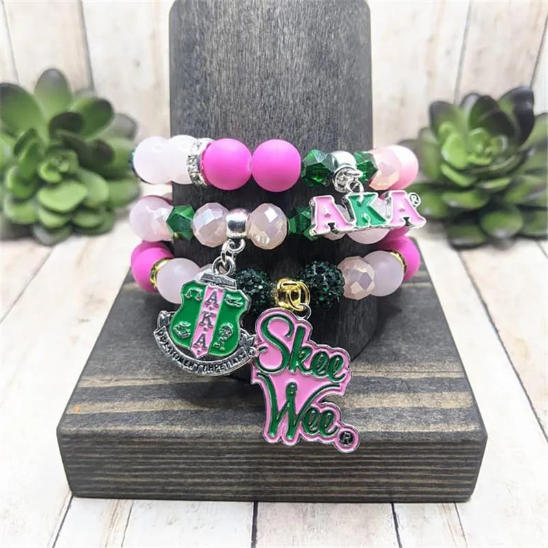 AKA kralen Sorority bedelarmband roze en groen glas kralen armband cadeau voor Soror vrouwen Aka Spira Wrap sieraden K2265Y