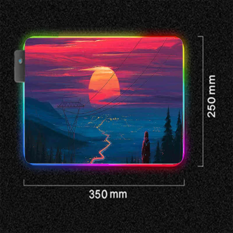 Anime Sonnenaufgang Landschaft LED USB Gamer Zubehör Computer Matte Notebook Arbeitsplatte Büro Mousepad XXL Deco Gaming Rgb Mauspad AA220314