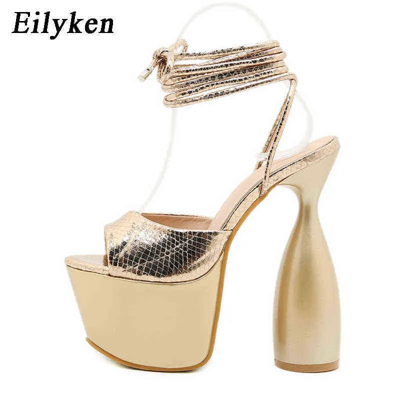 Sandales Eilyken femmes plate-forme sandales mode serpent imprimé PU cuir Peep orteil bride à la cheville à lacets étranges talons hauts chaussures de fête 220310