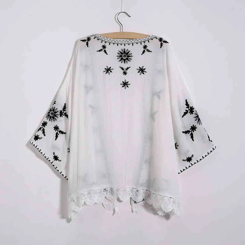 Kobiety Haft Kimono Cardigan 2021 Boho Moda Letnia Koszula Szal Bluzka Koronka Kremowa Koronki Luźne Topy Znosić Blusas Feminina H1230