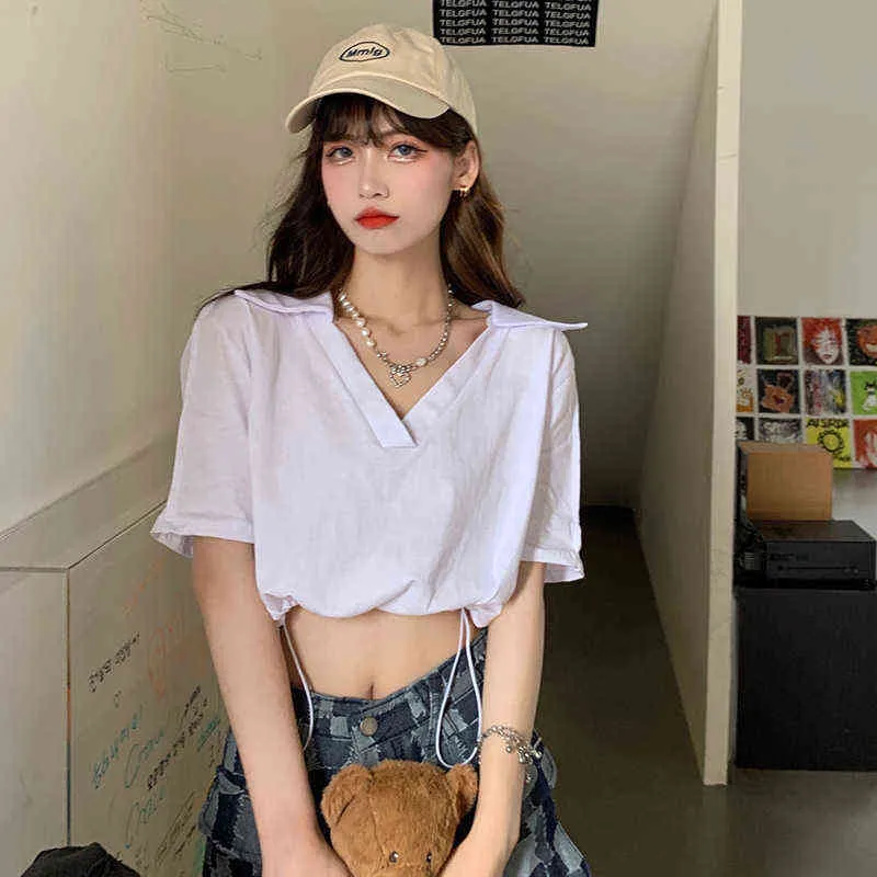 Solid Basic Womens Curto Tshirt V-Neck Shirring Slim Show T-shirt das Mulheres Manga Curta Femme Casuais Tees Blusa Crop Top G220310