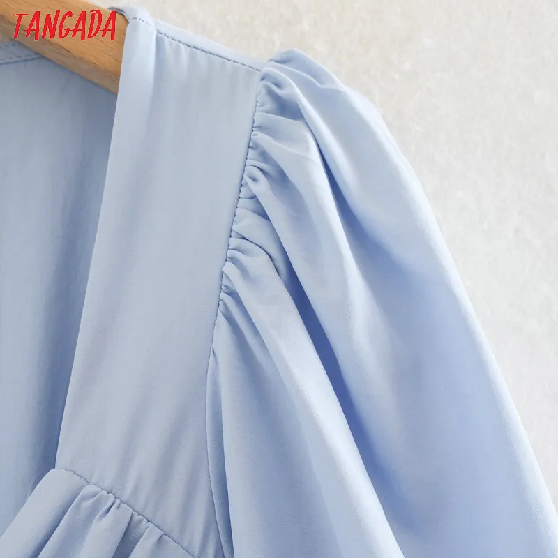Tangada moda donna blu pieghettato croce abito estivo nuovo arrivo manica corta signore midi Dress Vestidos 2W114 T200603