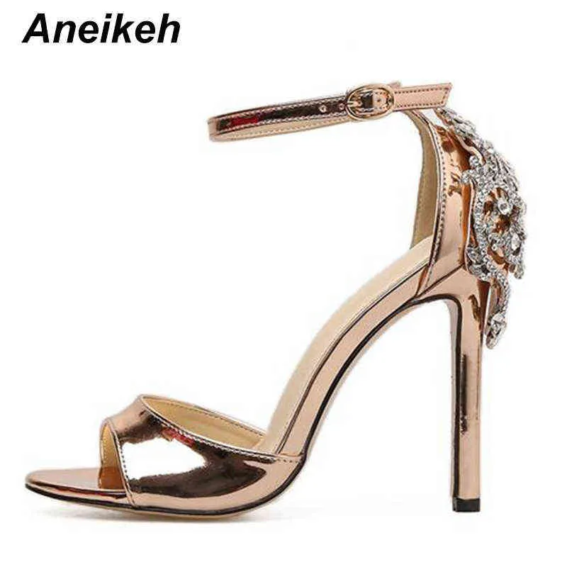 Sandały Aneikeh Rhinestone Stiletto Dama Sexy Kryształ Cienkie Obcasy Sandal Kobieta Kostki Pasek Suknia Ślubna Buty Pompy Rozmiar 35-42 Czarny 220121