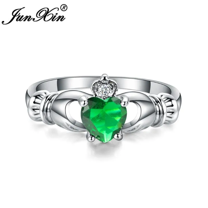 Anéis de casamento Junxin luxo feminino coração anel claddagh branco ouro cheio jóias moda para mulheres nascimento pedra presentes1284f