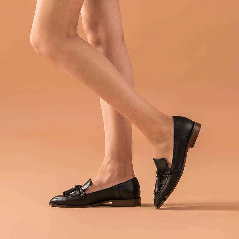 Kvinnors Tassel Casual Shoes Cowhide Flat No Shoelaces Retro Style Cutting Edge 2 9