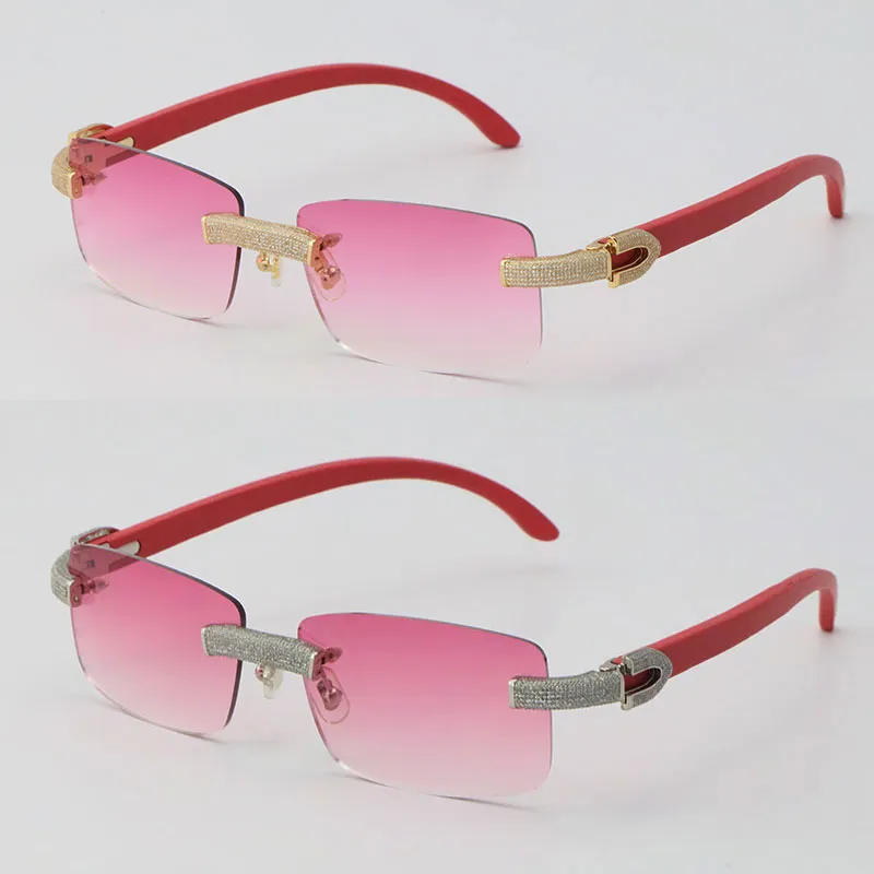 Nuevas gafas de sol de madera sin montura con diamantes micropavimentadas Gafas de madera rojas originales para hombre y mujer Oro de 18 quilates C Decoración Rocas de lujo Fra234w