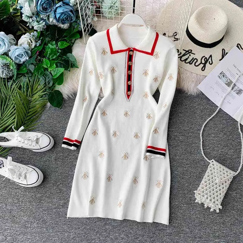 Nicemix Autumn Casuary Dresses Women Aline Dress EmbroideryBees編み長いスリーブエレガントなドレス女性服ROBE FEMME T200416