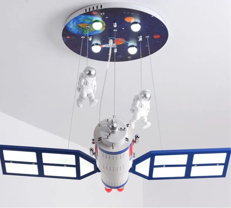 Chambre d'enfants espace satellite led lustre télécommande luminaire pour enfants chambre pépinière dessin animé suspendu lamp222v